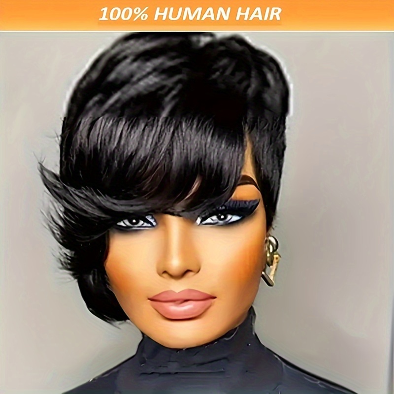 

Cut Human Hair Wig For Women - Basics Style, Short Straight Bangs, 180% Density, Brazilian , Glueless Cap, Full Machine Made Non-lace Front, 8 Inch, Suitable For All