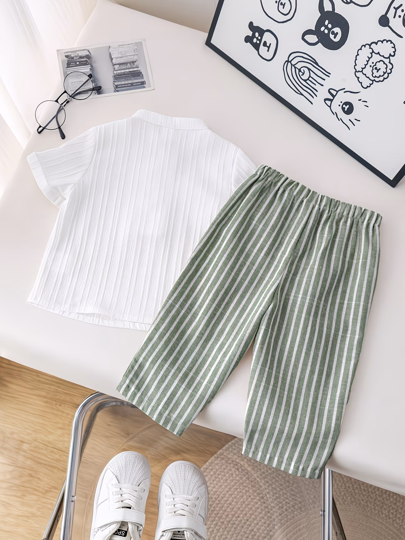ensemble 2 pièces pour enfants, style dété, comprenant une chemise à manches courtes et col , et un pantalon décontracté à rayures, idéal pour lextérieur. 1