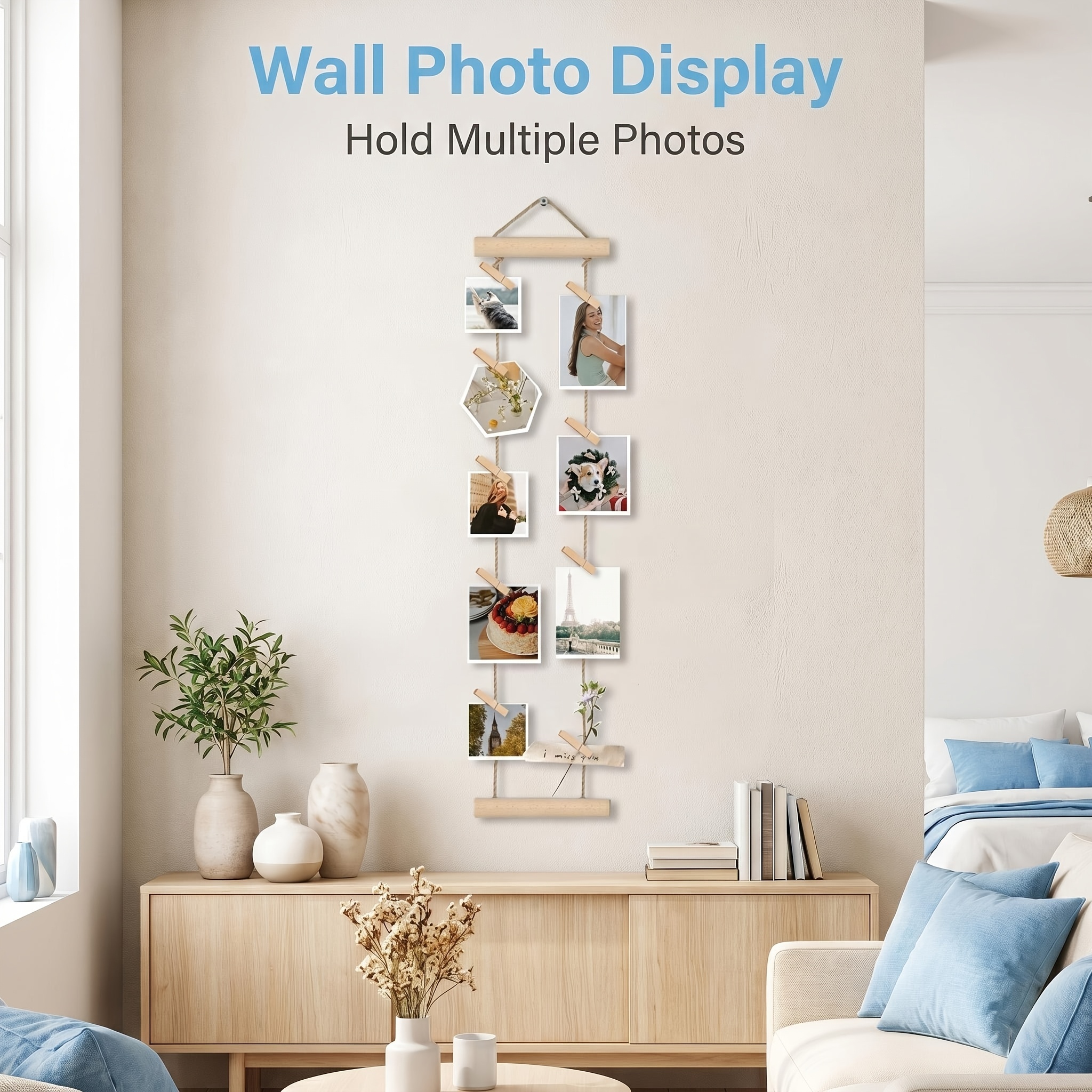 Image of Natural Wood Photo Hanging Rope With Wooden Clips, Multi-photo Display Rack, No Drilling Required, Space- For Dorm, Bedroom, Desk, And Wall Decoration