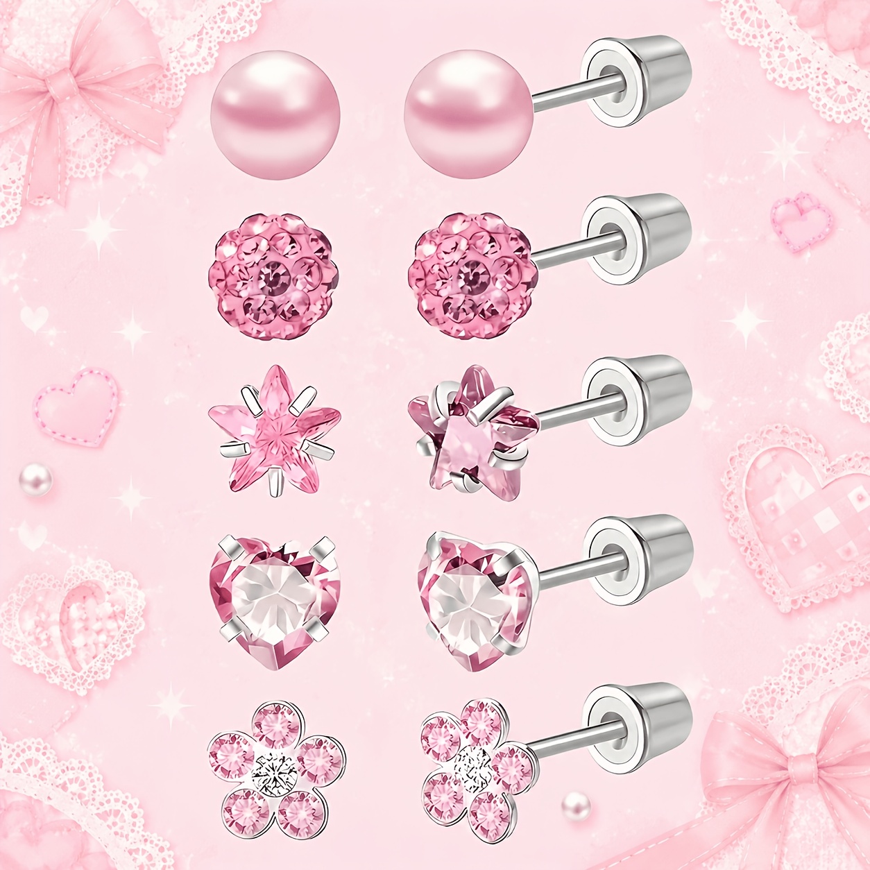 TEMU 5 Pairs Of Exquisite And Cute Earrings Set, Made Of High-quality Surgical Steel, Suitable For Sensitive Ears. Fashionable And Exquisite Pink