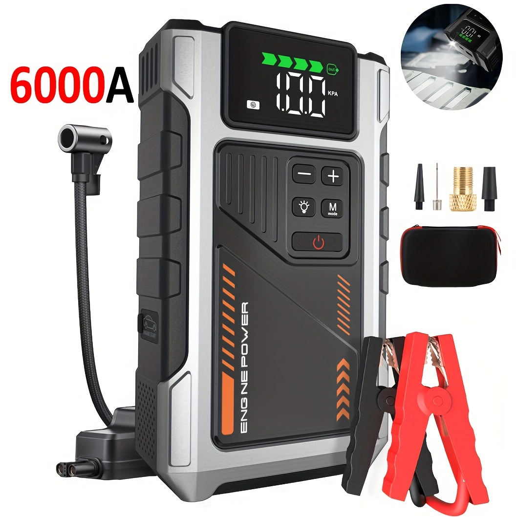 

Battery Booster, Car Jump Power Bank With Air Compressor, 150psi 6000a Current Power Bank For 7.5l Petrol And 6.0l Diesel Engine, Portable Power Bank With Led