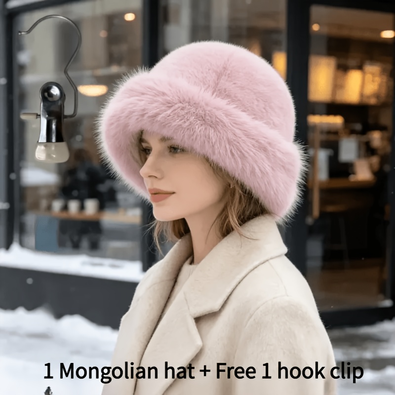 TEMU 2pcs = 1 Mongolian Hat + 1 Free Hook Clip, New Women's Winter Thickened Warm Fisherman Hat, Warm And Stylish Plush Hat