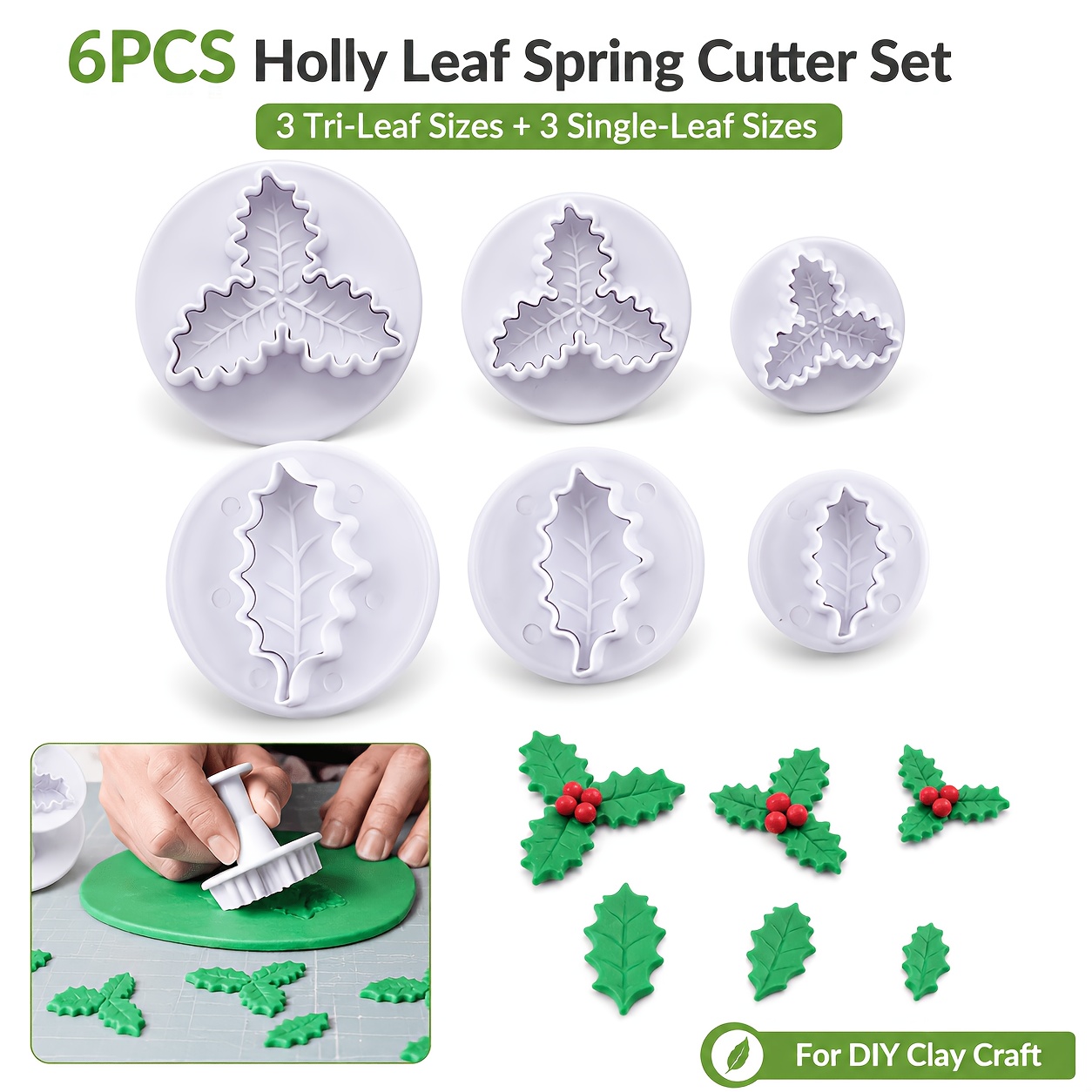 TEMU 6pcs Set Of Christmas Holly Leaf Spring Presses, 3 Sizes Of Three-leaf And Single-leaf, Cutting And Pressing, Suitable For Clay Craft, Holiday
