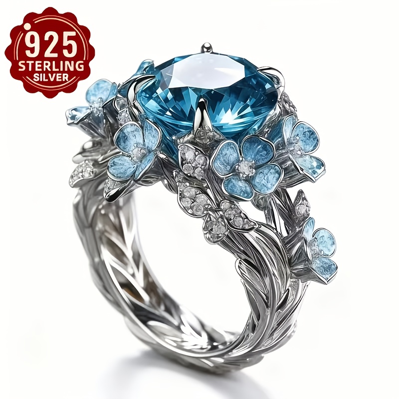 TEMU Bague Bleue Naturelle 925 Argent Doré | Design Floral Rétro, Style Vintage Élégant, Fixation à 4 Broches, pour la Saint-Valentin