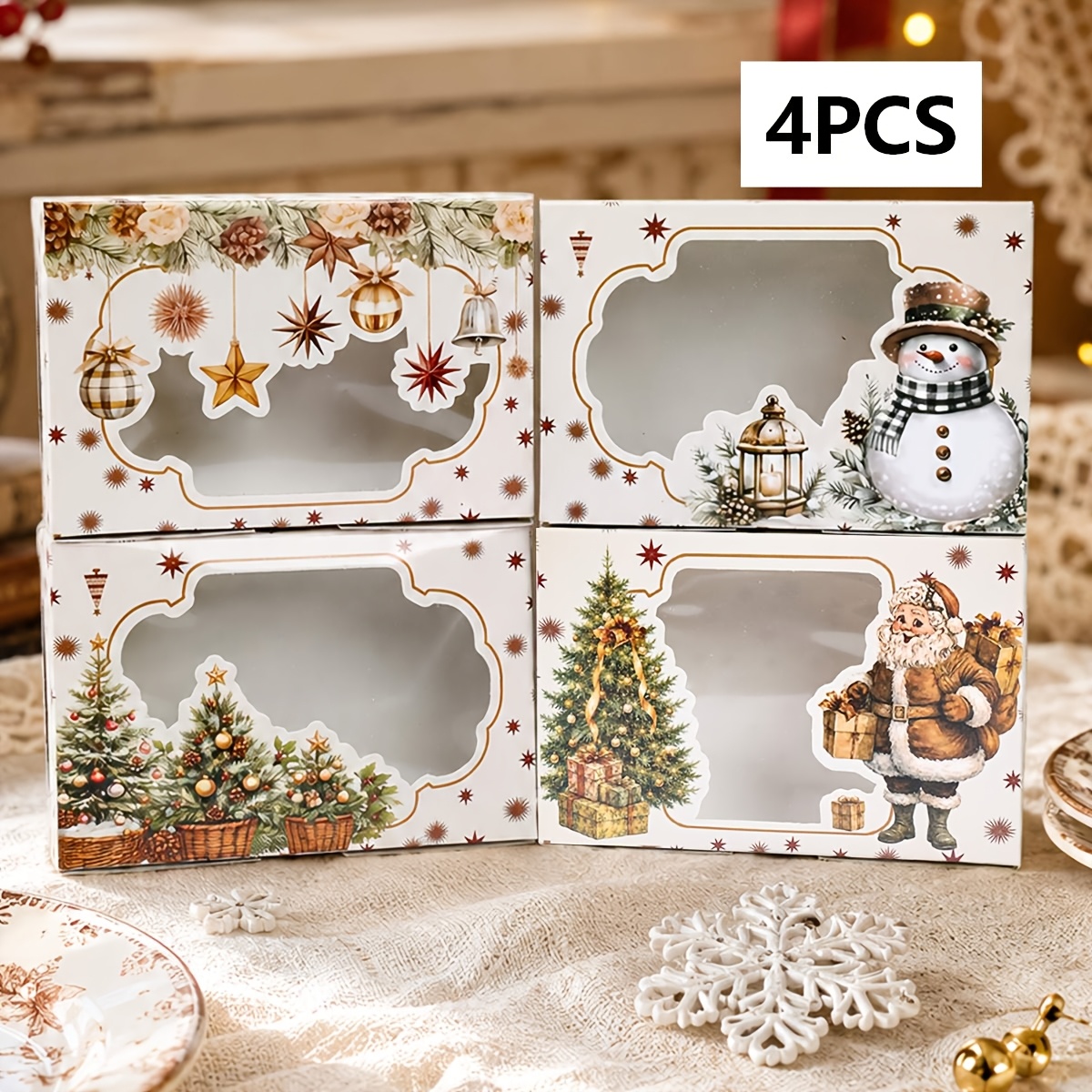 TEMU Paquete de 4 cajas de regalo transparentes con ventana y patrones navideños surtidos (, Papá Noel, árbol, adornos) - Ventana para , Halloween, ,
