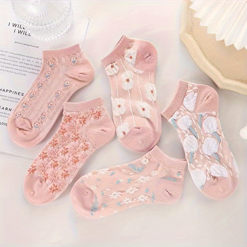 5 Pairs Women's Floral Print Ankle Socks - Pink Low-Cut No-Show Spring/Autumn Socks with Delicate Flower Patterns, Breathable & Durable for Casual & Formal Wear, Seasonal Wear Socks, Durable Socks