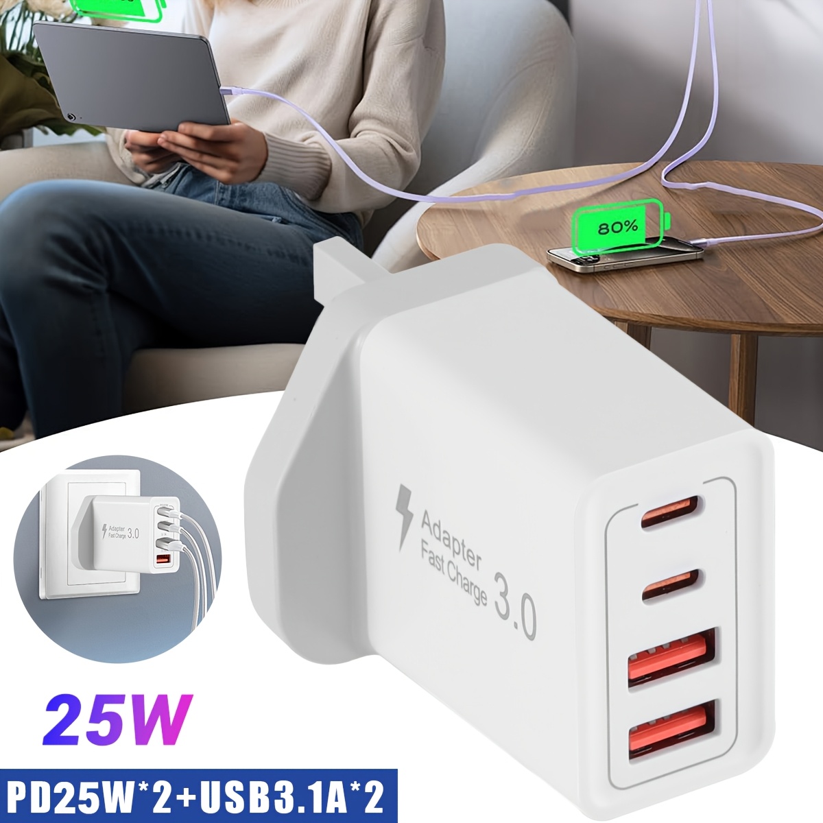 TEMU 4-in-1 Fast Charge Plug Works With 100-240v, Featuring A Uk Plug 2 Usb-c Pd3.0 + 2 Usb-a Qc3.0, Suitable For Devices Like Iphones, Ipads, , And