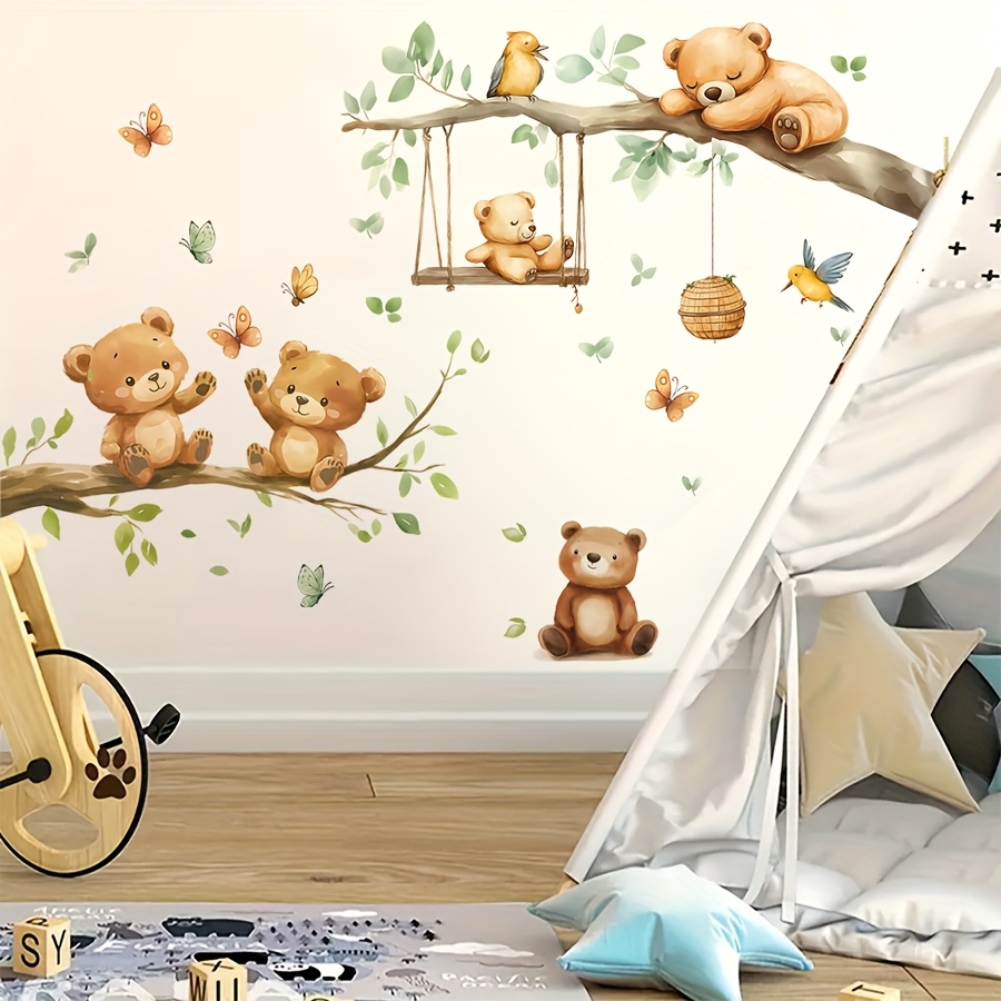 Image of 2 Sheets/set Cute Teddy Bear Tree Branches Wall Stickers Kids Room Nursery Bedroom Game Room 5 Swings Home Decoration Wall Decal For Christmas And Halloween