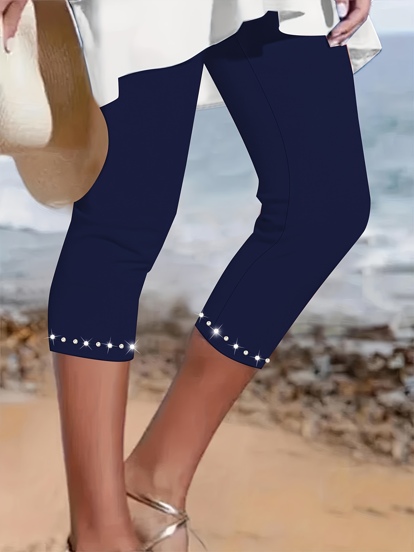 Plus Size Rhinestone Decor Capri Leggings, Casual High Waist Stretchy Leggings For Spring & Summer, Women's Plus Size Clothing