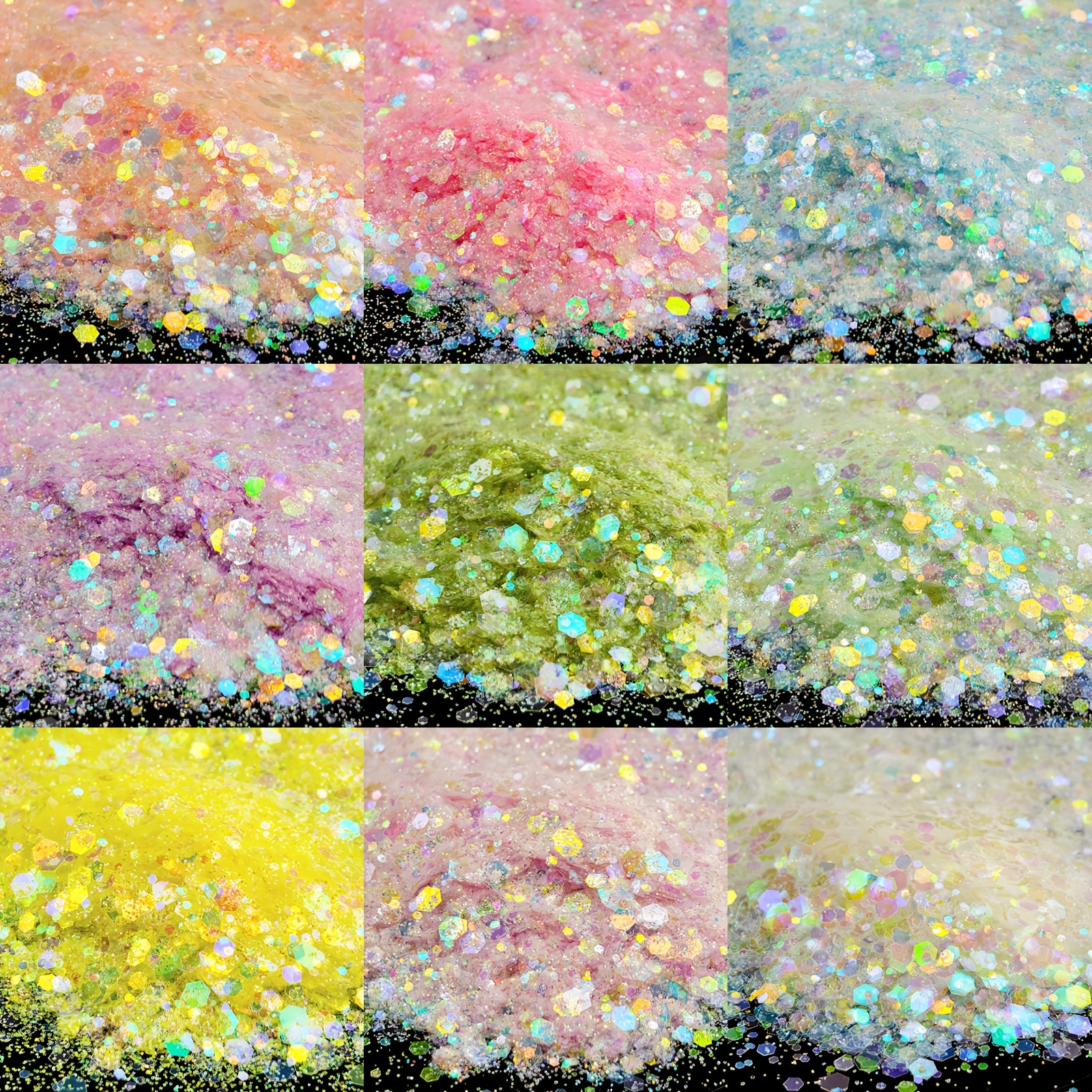 TEMU 9-color Iridescent Nail Glitter Set, Featuring Of Fine And Large Holographic Glitter Particles, As Well As A Set Of Laser-cut Glitter. Craft