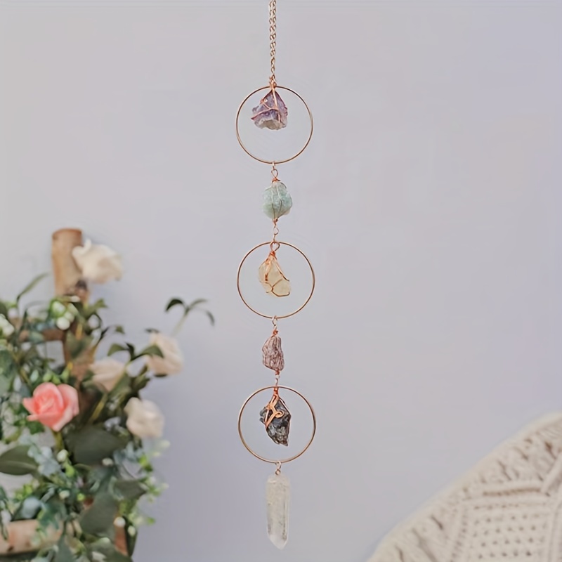 Image of 1pc, Natural Stone Amethyst Yellow Crystal Three-ring Sun Crystal Indoor Hanging Ornament Garden Gardening Pendant