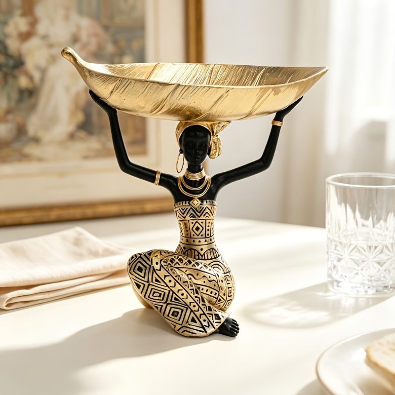 TEMU Statues : Figurine féminine africaine avec plateau à feuilles, Sculpture de dame en résine noire avec plateau de rangement, Ornement décoratif