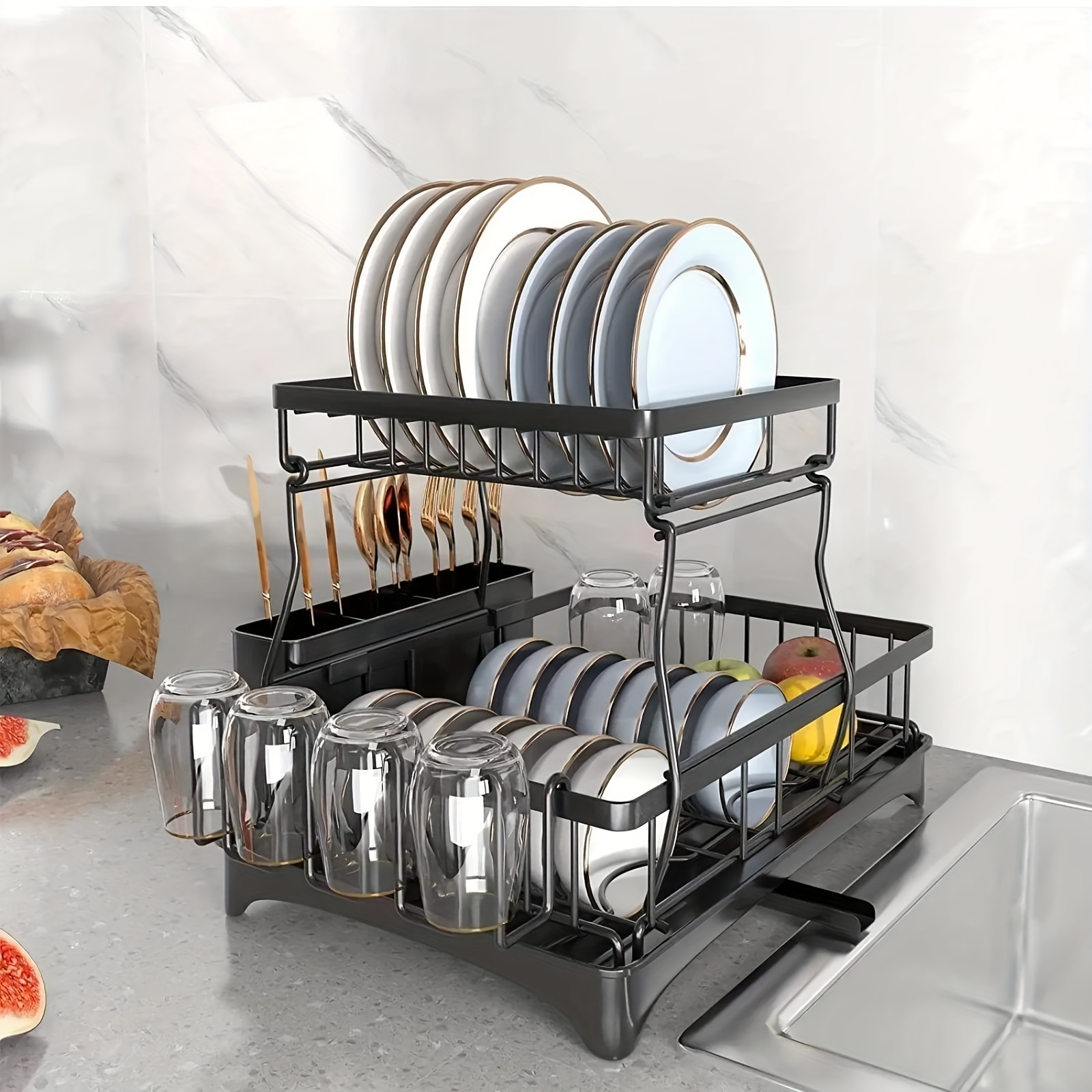 

Dish Dryer Rack Multi- Dish Rack Rust Prevention Kitchen Dish Dryer Rack With Drain Plate Space-saving 2 Tier Dish Dryer Rack For Kitchen Counter Black