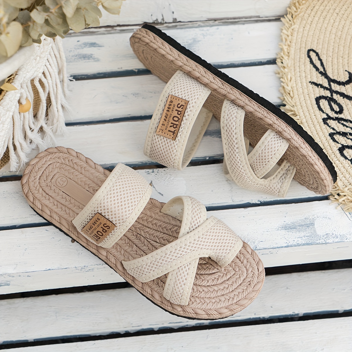 Women s Mesh Upper Flat Sandals, Crisscross Toe Loop Design Summer Shoes, Comfy Outdoor Beach Slide Sandals details 3