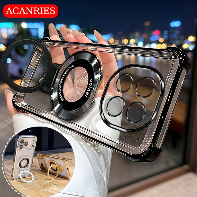 TEMU Phone Case - Acanries Luxury Thin Ring Folding Stand Holder Bracket Plating Clear Shockproof Protective Phone Case For Xiaomi Redmi Note 15 Pro