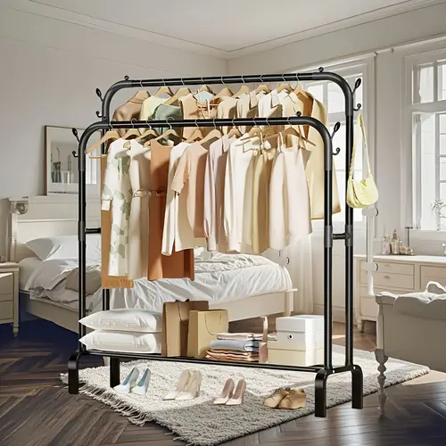 durable build freestanding metal garment rack multi purpose clothes shoe organizer with dual shelves black portable design for bedroom living room sturdy construction easy assembly ideal for hanging clothing and accessories shoe storage organizer