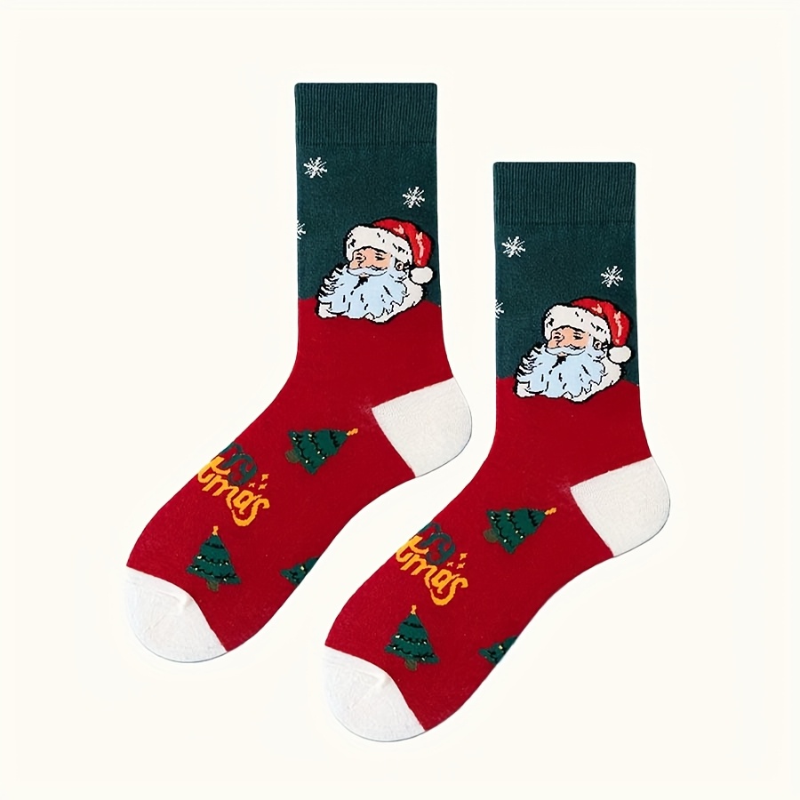 TEMU 1 Pair Of Men's & Unisex Christmas Santa Claus Socks - Mid-calf Breathable With Santa Face, Casual & Party Wear, Ribbed Cuff, Festive Print,