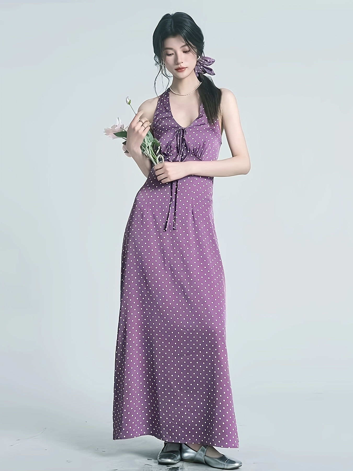 elegant fit purple a line dress v neck polka dot halter - Temu Cyprus