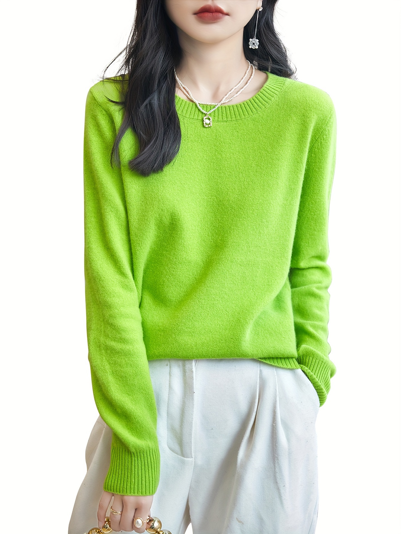 solid crew neck wool pullover sweater elegant long sleeve cozy sweater womens clothing grass green 0