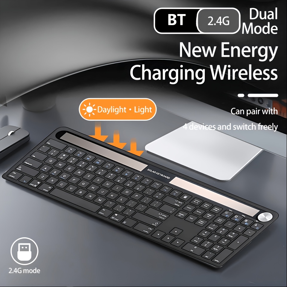 Jomaa USB Wireless Keyboard Solar Light Power Keyboard Full Size Solar Bluetooth Keyboard for Computer/Laptop/Tablet