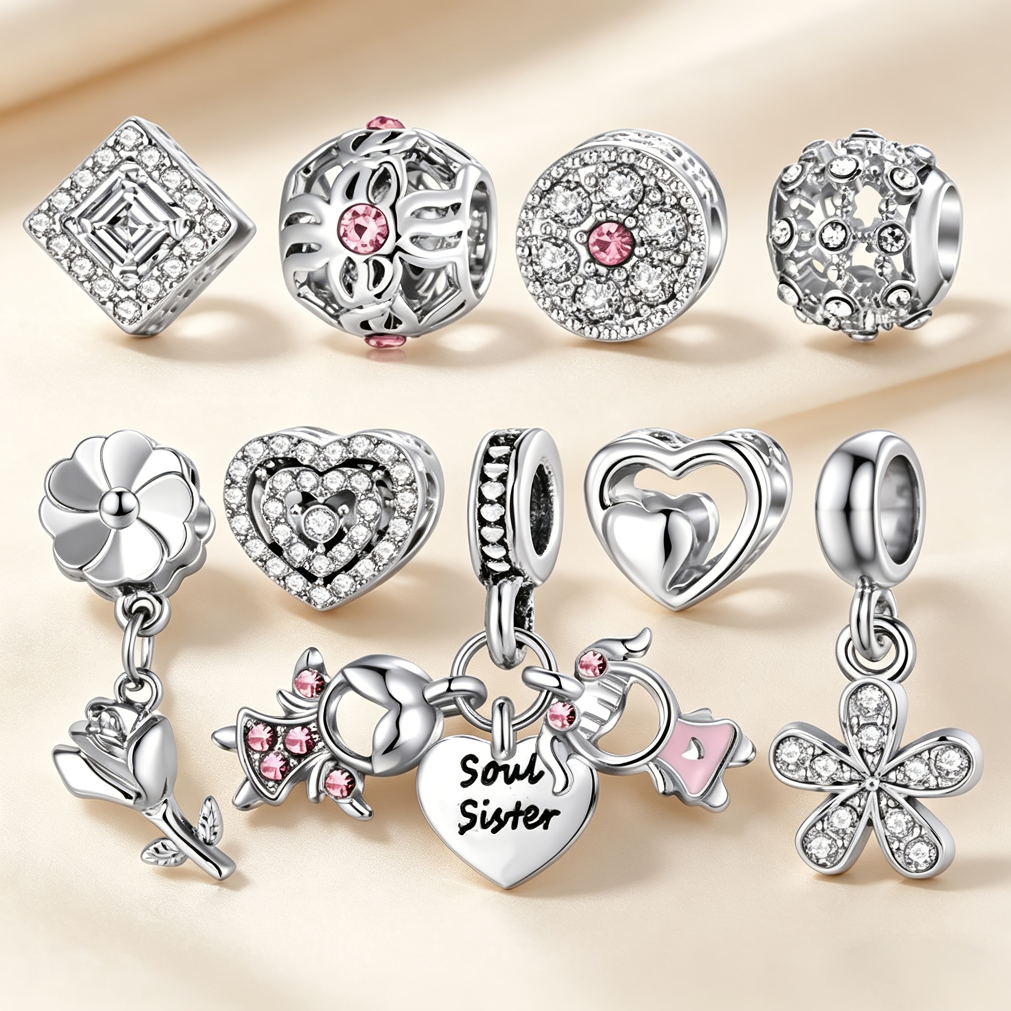 TEMU 9pcs Soul Sisters And Rose Pendant Beads, Inlaid With Pink And Transparent Zirconia, Hand Beads, Used To Make Necklaces, Bracelets And Other