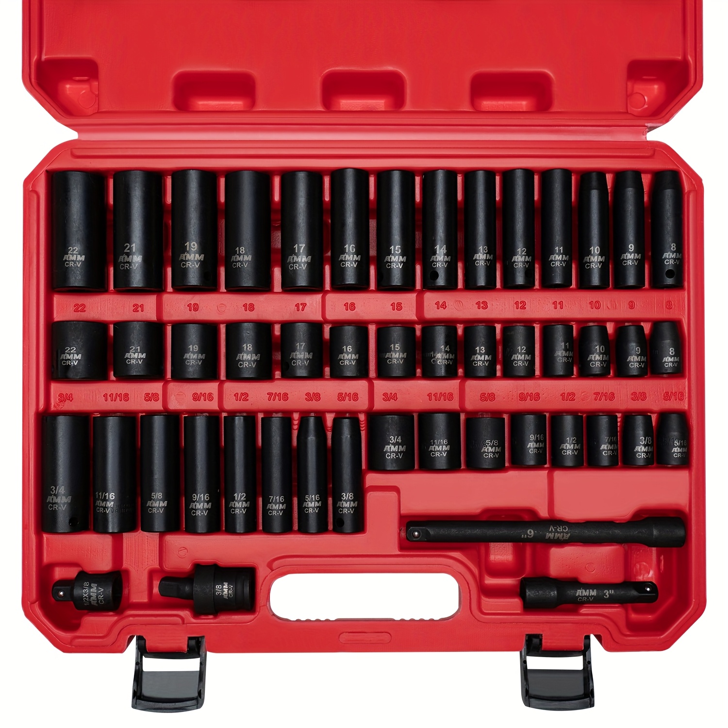 TEMU Amm 3/8" Drive Impact Socket Set, 48pcs Standard Sae (5/16 To 3/4 Inch) And Metric (8-22mm) Size, 3" And 6" Bar, Impact Universal Joint, 3/8" To 1/2" Impact Adaptor,