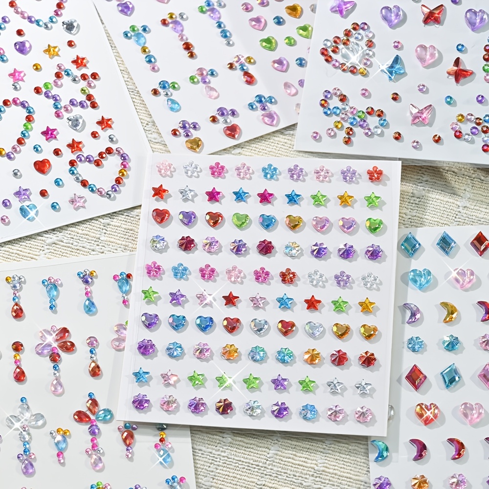 TEMU Set van 6 kleurrijke gezichtsstickers met mini 3D sprankelende strass steentjes hart, ster, bloem, diamant, vlinder & ontwerpen, glitter juwelen