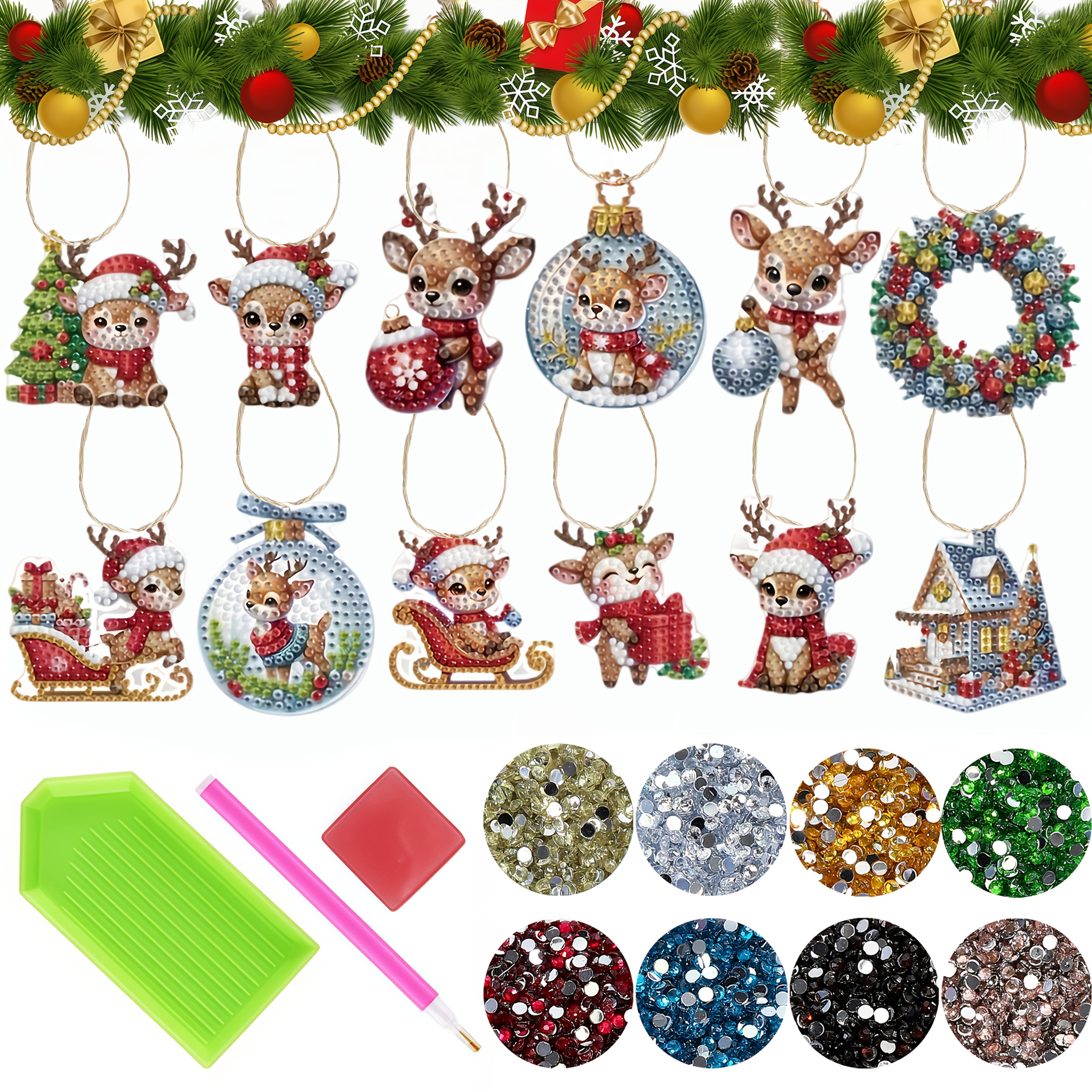 TEMU 12pcs Diamond Painting Christmas Ornaments, Christmas Reindeer Series, Acrylic Material, Drill-and-handmade Pendant With Hanging Rope, Christmas