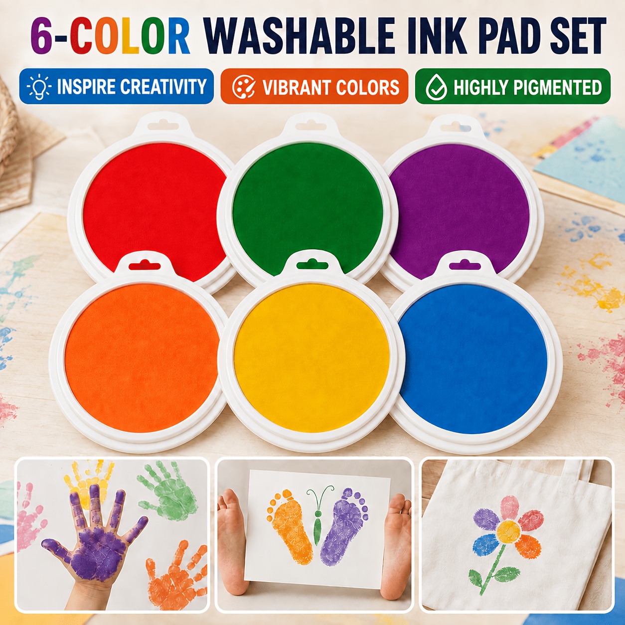 TEMU Tampone di lavabile 6 pezzi Timbri colorati 8 colori Grandi tampone di rotondi lavabili per di , di piedi, lavoretti di carta, creazione di