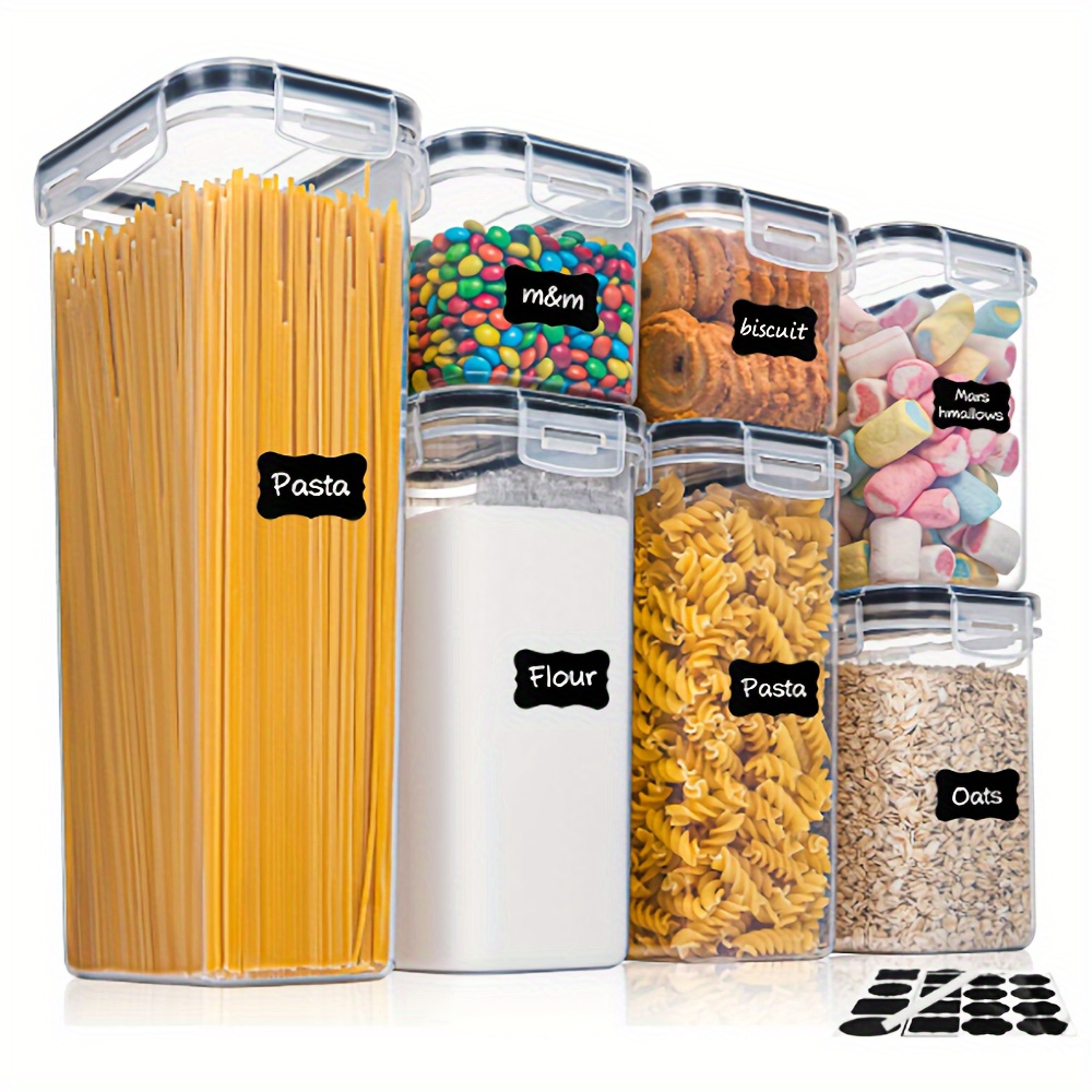 

7-piece Plastic Food Storage Container Set With - Airtight, Microwave Safe, Reusable Square Containers - Multipurpose Use For Pasta, Grains, Snacks - Includes Labels & Marker