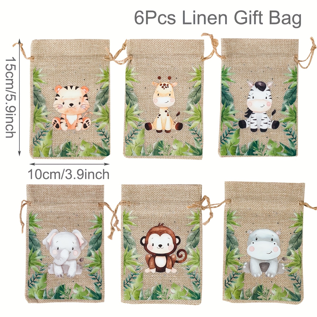 TEMU 6pcs, Jungle Animals Linen Gift Packing Bags, Cartoon Giraffe Elephant Lion Pattern Gift Bags, Theme Party Decoration, Birthday Wedding Party