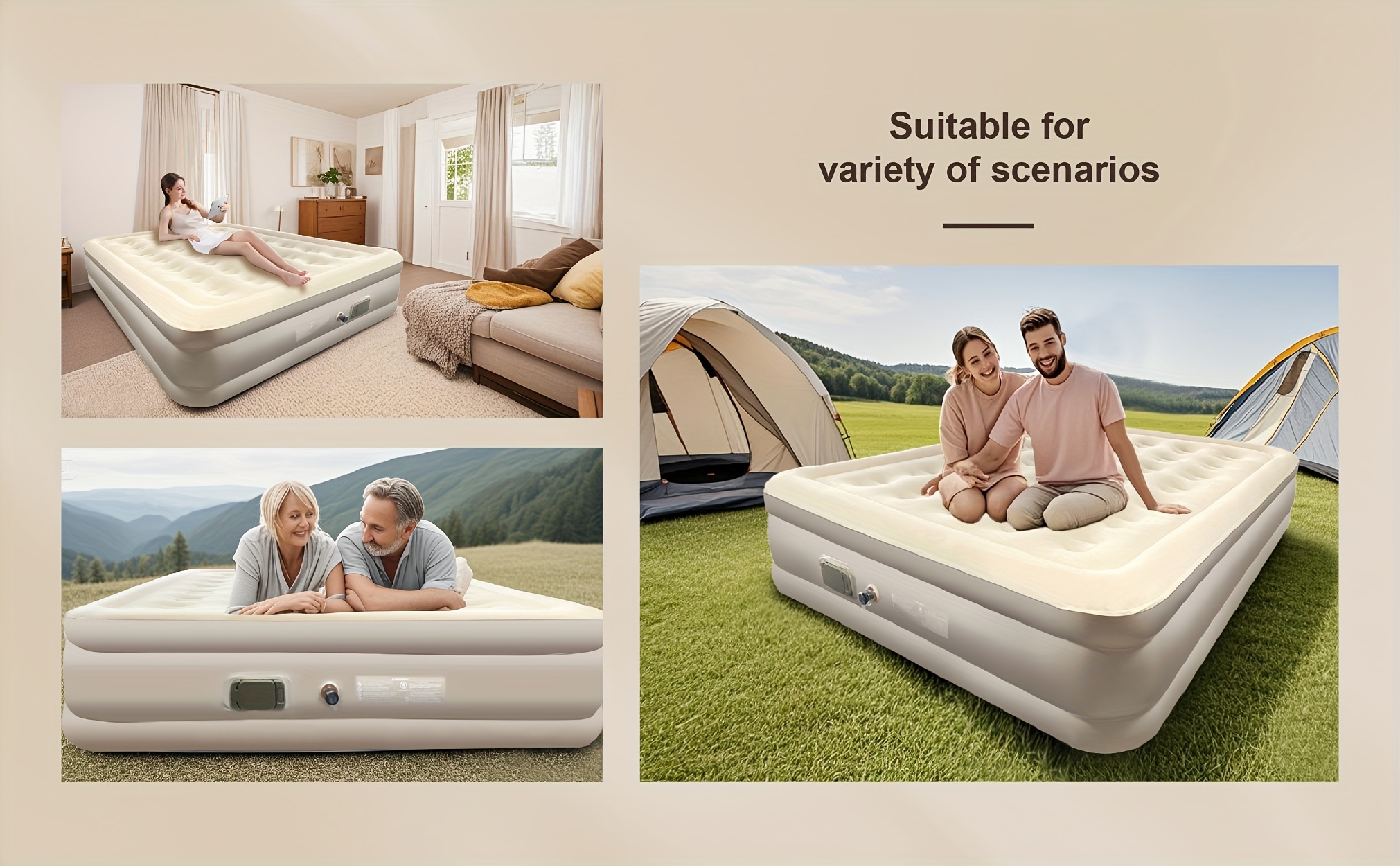 Double Outdoor Self-Inflating Air Mattress with Built-in Automatic Pump, 17-Inch Thickened, Comfortable Flannel Surface, Multi-Functional Inflation Valve, Suitable for RV, Camping, Beach, Indoor Bedroom Use, Includes Repair Kit and Storage Bag