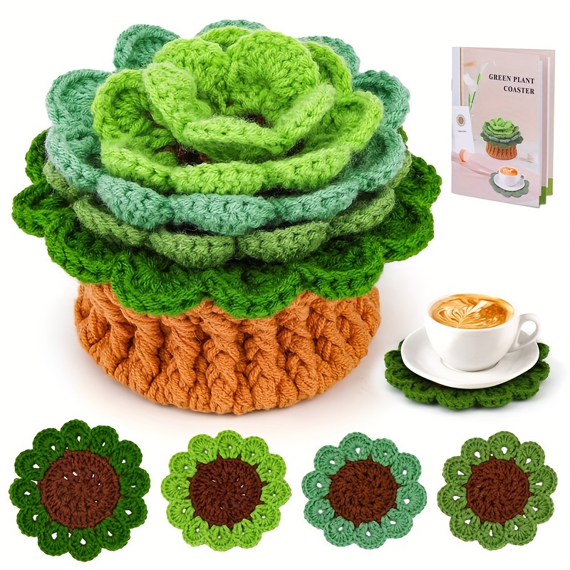 

Crochet Kit For Beginners, Green Plant Coaster Crochet Start Kit With Video Tutorials, Easy-to-learn Complete Crochet Kit With Crochet Hook