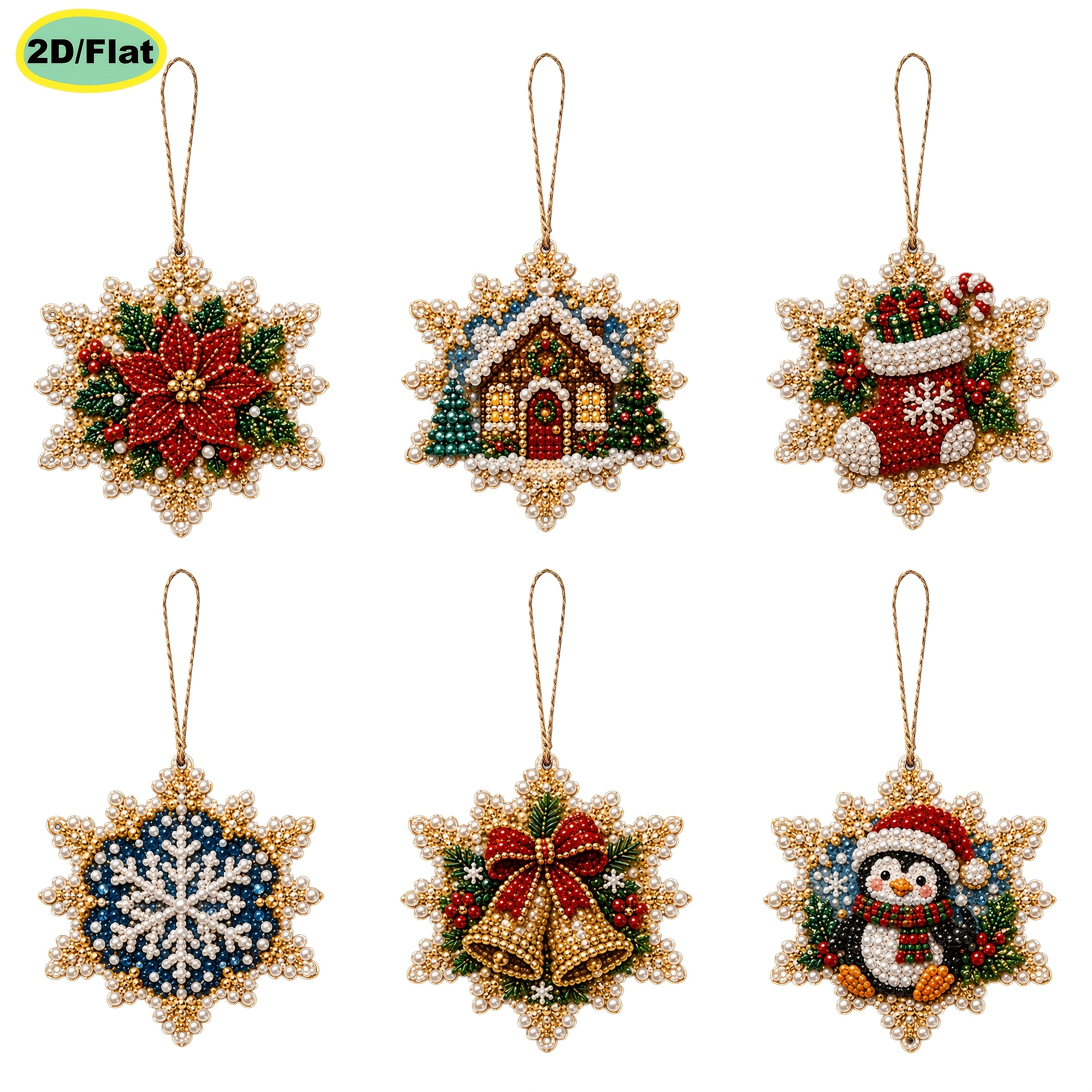 TEMU 6pcs Diamond Painting Set, 2d Flat Pearl , Christmas Wooden Tag Pendant, Drill Bit Material Bag, 3.07 X 3.07 Inches, For Beginners, Christmas