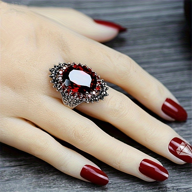 TEMU Vintage & Elegant Style, Silvery Vintage Texture Design Band Inlay Oval Red Faux Diamond Wide Ring, Fashion Unique Accessory For Daily Wear & Holiday, Idea Gift For Ladies