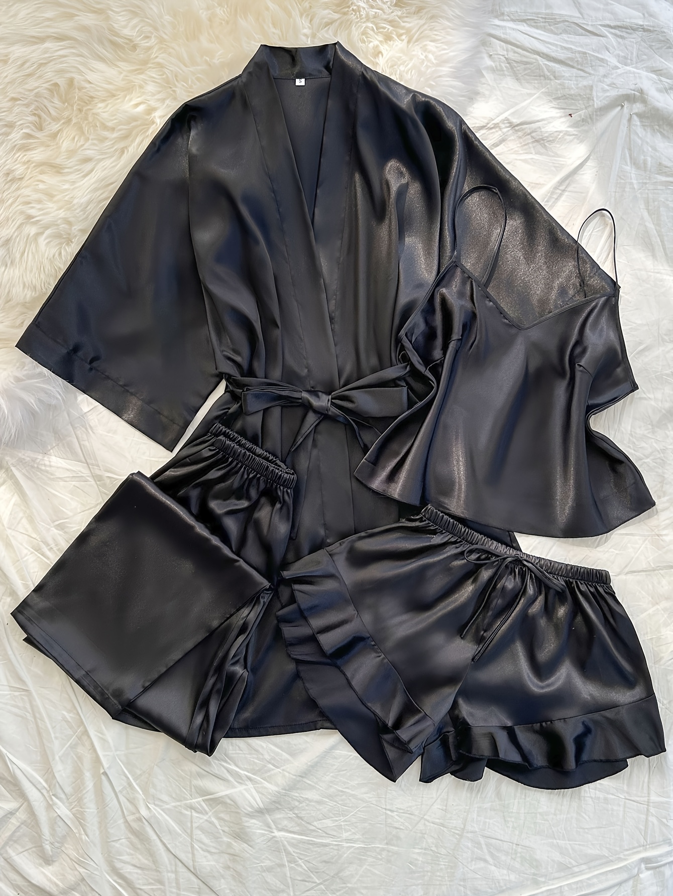 ensemble de pyjama à col toutes pour femmes - confortable, sexy, en polyester 4 pièces avec taille nouée et short à cordon, parfait pour lautomne et lhiver, vêtements de nuit automne-hiver | vêtements de nuit élégants | tissu en polyester Détails du produit 19