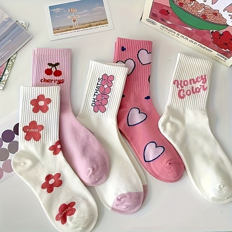 TEMU 5 Pares de Calcetines Largos con Diseño Floral y de Corazones, Serie Rosa, Tela, Calcetines de Moda para Mujer