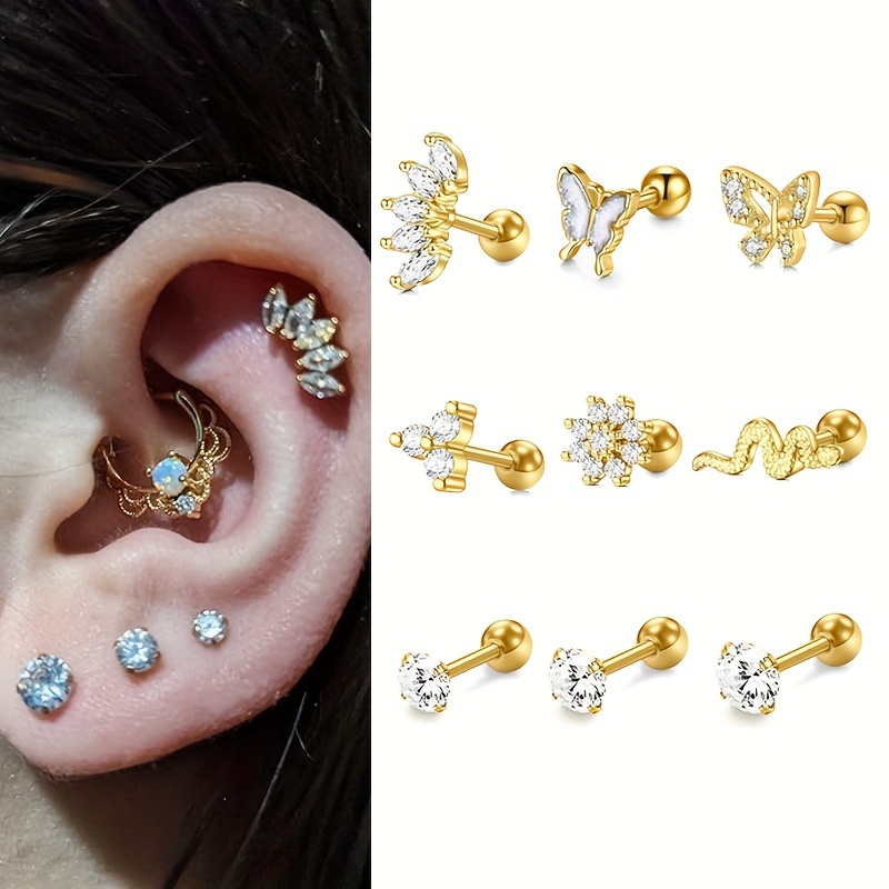 

9pcs Cartilage Earring Butterfly Snake Shaped Cartilage Studs Forward Helix Earrings Helix Piercing Jewelry Tragus Studs Tragus Earrings For Women