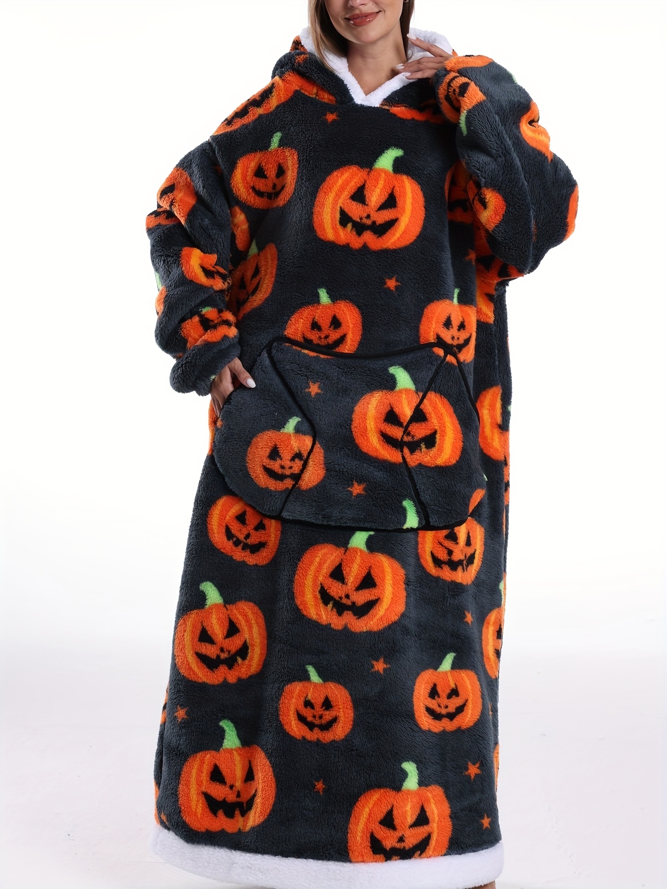 2025 wintereditie - fleece-gevoerde halloween grijze pompoen print hoodie, 1ps warme plus size heren trui voor herfst/winter seizoen - extra lang & dikke cadeauset met   zakken -   (s-m-l-xl-xxl-xxxl) 4