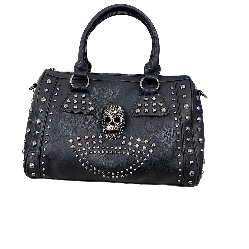 A Large Capacity Tote Bag Featuring A Skull Design With Nail Studs, Suitable For Leisure And Entertainment, With An Adjustable Shoulder Strap And Used As A Crossbody Bag