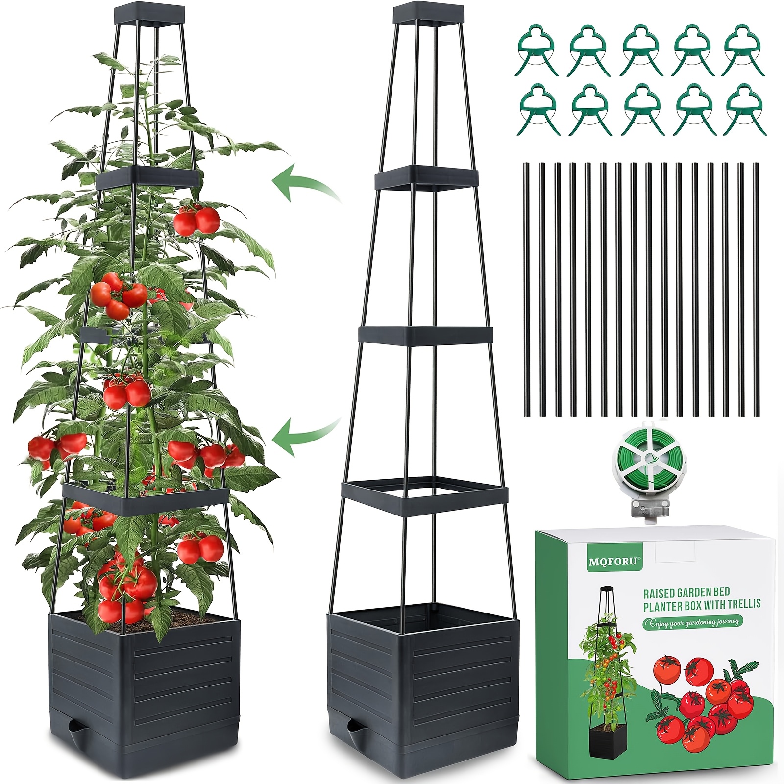 

Raised Garden Bed With Trellis, Self-watering Plastic Planter Box For Tomatoes, Climbing , Vegetables & Flowers, Square Shape With Support Cage For Outdoor Patio