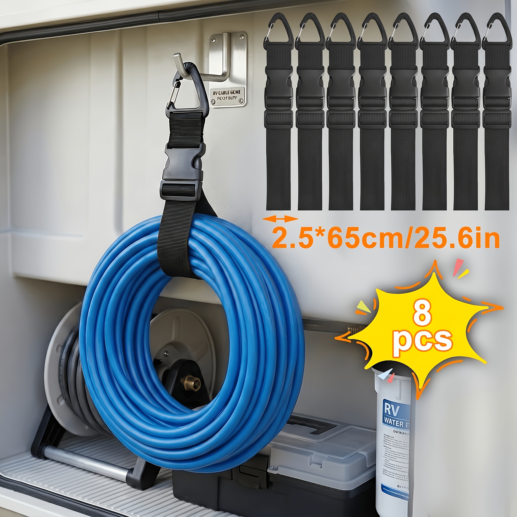 TEMU 8-delige 2,5 cm tuinslanghouder, heavy-duty verstelbare nylon organizerbanden voor verlengsnoeren, installatie zonder gereedschap, wandhaakjes