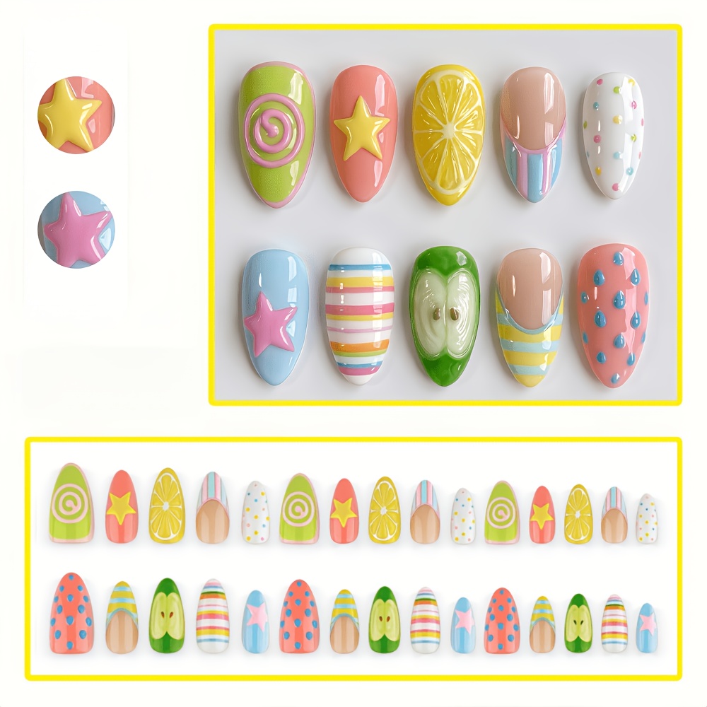 TEMU 30pcs Faux Ongles 3 Taille Moyenne Brillante Citron Pomme, Stickers Ongles 3D en Relief Fruits Étoile Rayures, Couleurs Y2K Cartoon Colorées