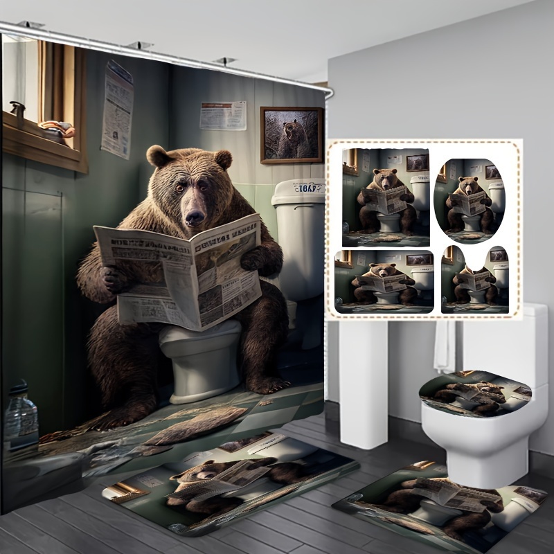 

Bear Reading Newspaper Shower Curtain Set With 12 Hooks, Machine Washable, Polyester Woven Fabric, Animal Print Pattern, Washable, Includes Bathroom Rug, Toilet Lid Cover And Bath Mat - 4 Piece Set