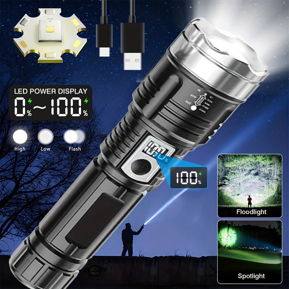 

Flashlight Led Rechargeable Extremely Bright, Power Display, Telescopic , Flashlights Battery Powered Usb, 3 Lighting , Flashlight For Outdoor Emergencies Camping