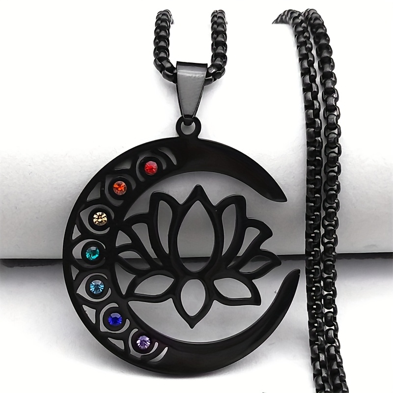 Flower For Lotus Moon Pendant Necklace For Women Men Stainless Steel Silvery Chakra Balance Chain Jewelry N9725s02