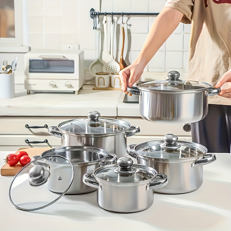 

Stainless Steel Soup Pot Set, Double-ear Soup Pot Set Ten-piece Cookware Set Pot, Christmas Best Gift, 5 Saucepans & 5 Covers, For Christmas And Chinese New Year, Valentine's Day Dining Picnic Hiking