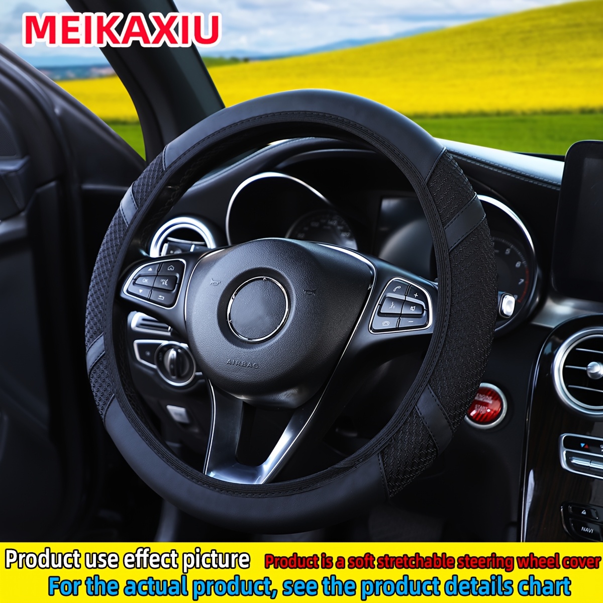 TEMU 1 pièce Housse de volant en simili-cuir PU à grille en respirante, , anneau intérieur, convient aux accessoires d'intérieur de voiture de 14,5 à
