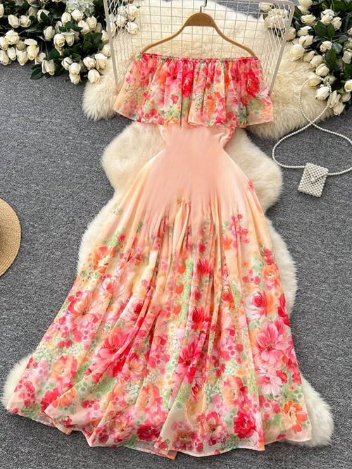 new summer casual off shoulder bohemian long printed dress