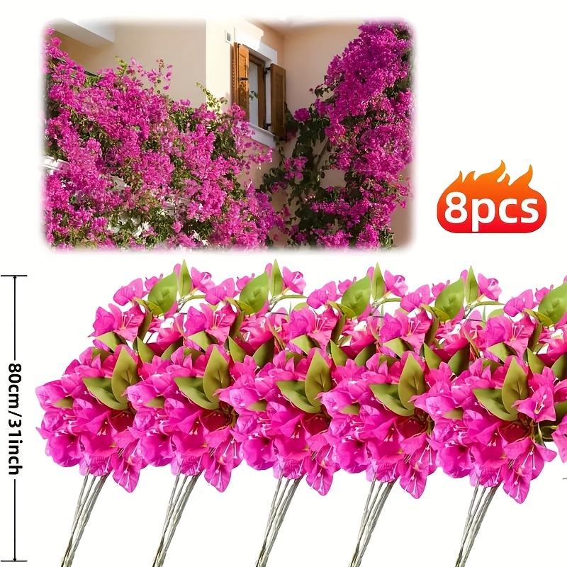 TEMU 8pcs Fabric Bougainvillea Artificial Flowers Stems - Long Stem Artificial Flower, Simulated Fake Bougainvillea Grape Vine, Ideal For Garden,